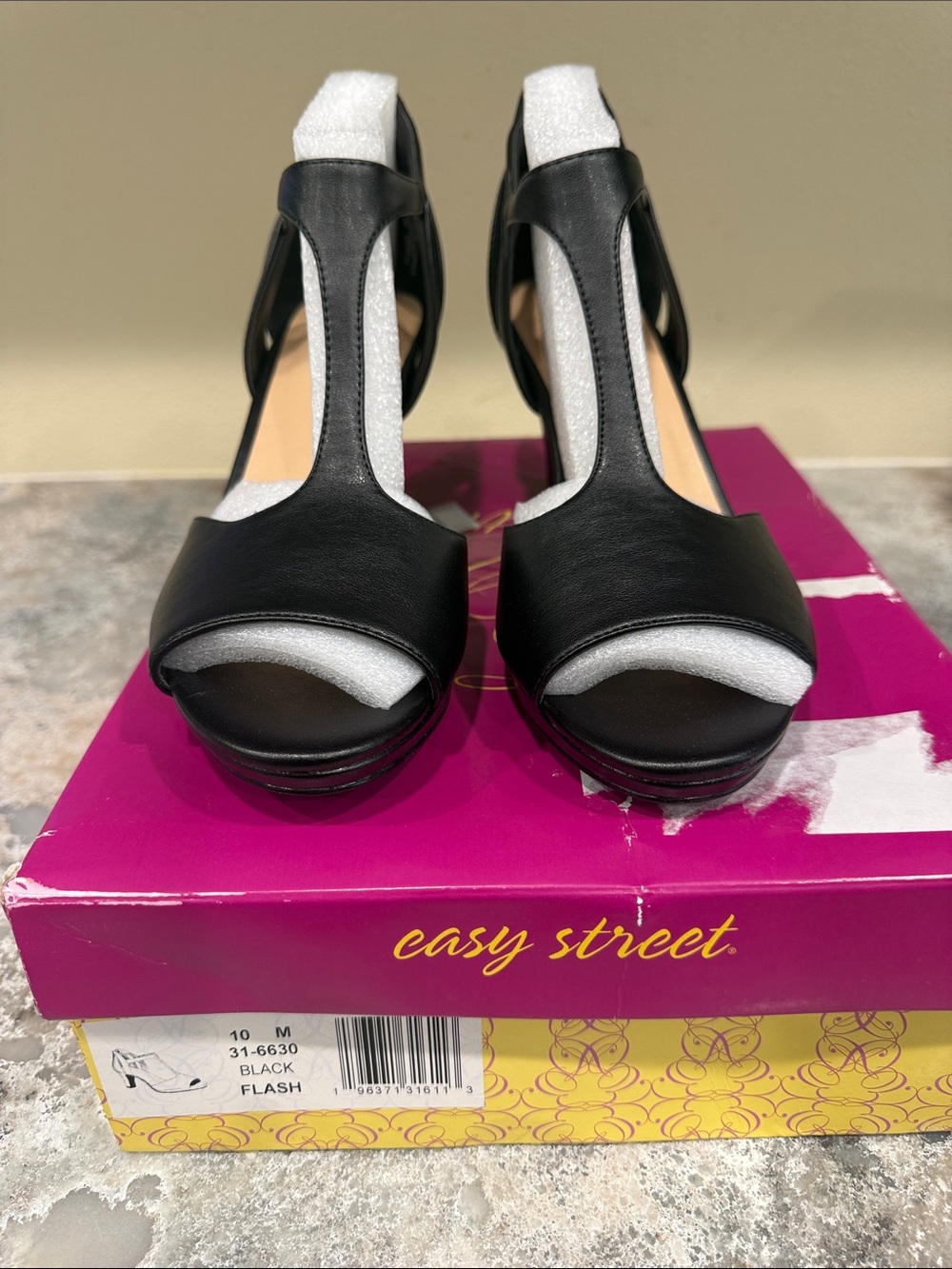 easy street Black T-Strap Platform Peep-Toe Heels